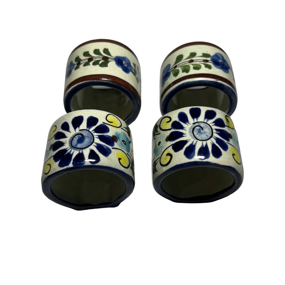 Hand-Painted Mexican Ceramic Floral Napkin Ring Set of 4